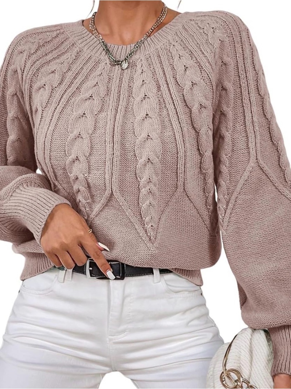 Women's Cable Knit Crewneck Sweater - Blush Taupe